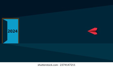 red plane flies through the open door to the year 2024.
new year christmas idea concept.
