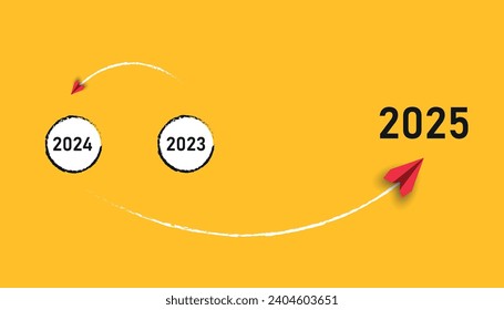 red plane flies to the year 2025. Project tracking, goal tracking, task completion purpose, idea concept.