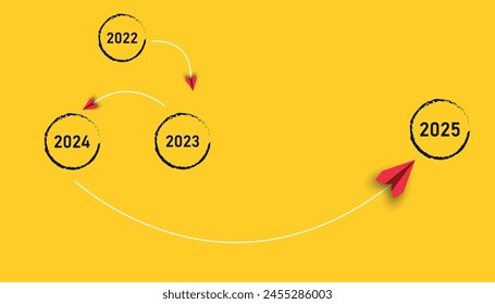 red plane flies to the year 2025, passing the years 2023 and 2024.Project tracking, goal tracking, task completion purpose, idea concept.