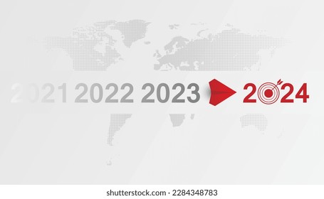 Red plane flying to 2024. Red plane heading towards goal, plan, action, vision. 2024 logo icon, New Year logo. 2024 calendar design elements elegant contrast numbers layout.