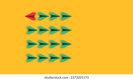 red plane is flying in different direction from others.Innovative, solution, unique,different thinking idea concept.