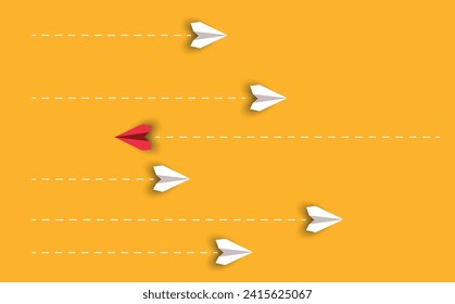 red plane flying in a different direction than the others.
Business, creativity and innovative solution concept for new idea.