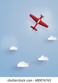 red plane flying  on the sky.The illustrations do the same paper art and craft style.