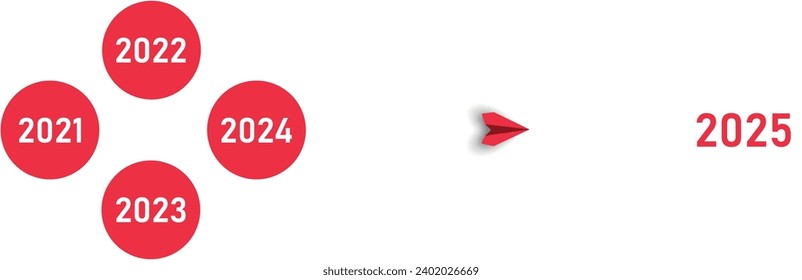 Red plane flying past the old years to the new year 2025. Red plane moving towards goal, plan, action, vision. 2025 annual plan idea concept. business creation new idea unchangeable innovation.