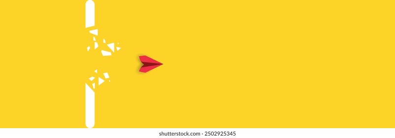 red plane flying towards success, overcoming barrier obstacles.