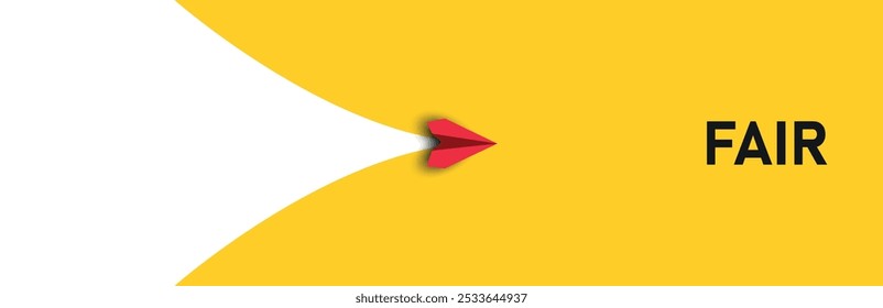 Red plane is flying towards the text Fair. Personal development and career development idea concept.