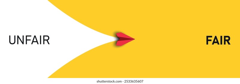 Red plane flying from unfair to fair. red paper airplane. New Idea concept. business life change concept. Different thinking, Business leader, personality development idea concept