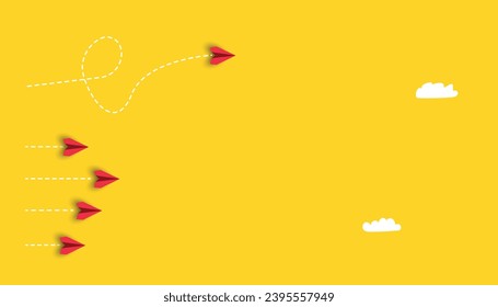 Red plane going in different direction.Change,success,trend,courage,creative solution,innovation and unique way idea concept.