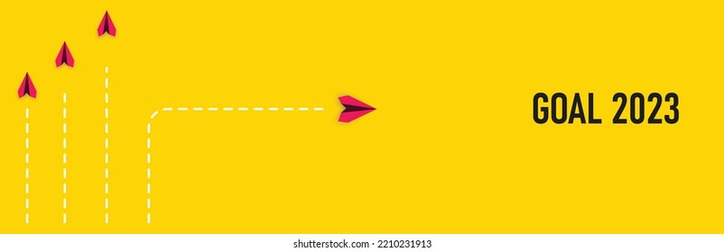 The red plane is heading to its 2023 target. business creativity new idea discovery innovation technology. new year idea concept.	