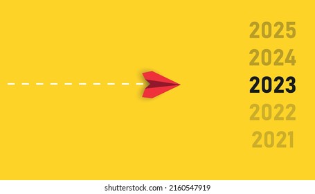 The red plane is heading towards 2023.Business creativity new idea discovery innovation technology.New year idea concept.