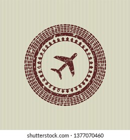 Red plane icon inside distress grunge stamp