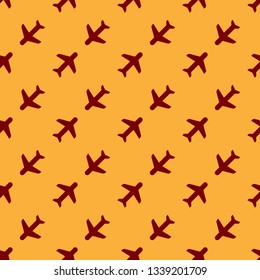 Red Plane icon isolated seamless pattern on brown background. Flying airplane icon. Airliner sign. Flat design. Vector Illustration