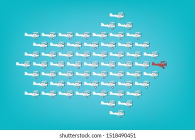 Red plane as a leader among others, leadership, teamwork, motivation, stand out of the crowd concept, EPS10 vector