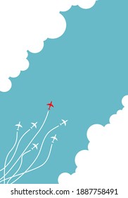 Red plane leading fly white airplanes with cloud all around. leadership, creative idea, concept.