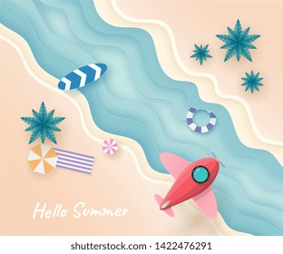 Red plane or spaceship flying on the sky over the blue sea  with sea wave, umbrellas, surfboard, swim ring and trees on the beach in summer day. vector paper art concept