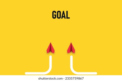 red planes converge on goal.
.Partnership, merger, alliance idea concept