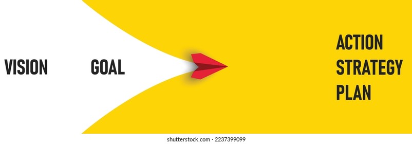 Red planes fly from vision and goal by completing plan, action, strategy missions. Project tracking, goal tracking, task completion purpose, idea concept.