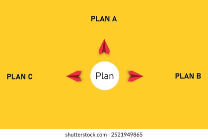 Red planes flying to alternative business plans.Alternative business plans.Business strategy, planning and decision making idea concept.