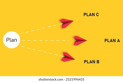 Red planes flying to alternative business plans.Alternative business plans.Business strategy, planning and decision making idea concept.