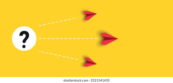 Red planes flying to different solution alternatives to a problem.Alternative path idea concept.