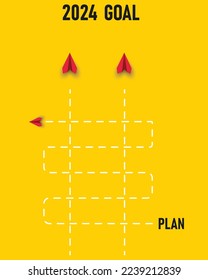 los aviones rojos están volando desde la escalera del plan hasta la goale de 2024. Concepto de estructura jerárquica empresarial. Idea de marketing empresarial y financiero para el año 2024.