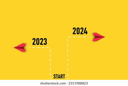 Red planes flying from start to 2023 and 2024. business creativity new idea discovery innovation technology. new year idea concept.