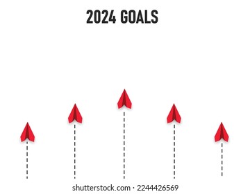 red planes are flying towards goals 2024.
business creativity, innovation technology, group work, reaching a target idea.
new year concept.
