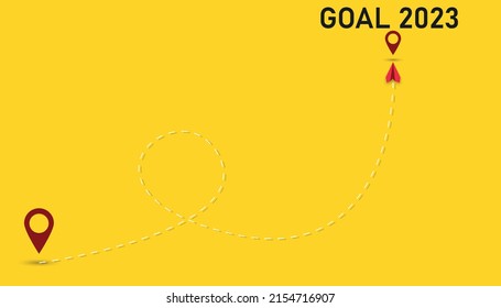 Red Planes Are Going To 2023 Goal.Airplane Flying From Point A To Point B. Forward, Innovation, Startup, Business, Growth, Travel, Freedom Concepts.