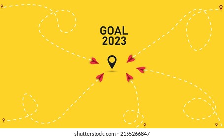 Red Planes Are Going To 2023 Goal.Airplane Flying From Point A To Point B. Forward, Innovation, Startup, Business, Growth, Travel, Freedom Concepts.