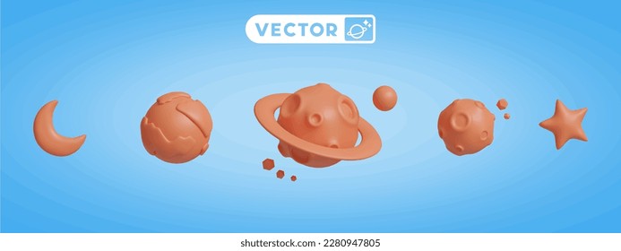 roter Planet, 3D-Vektorsymbol, auf blauem Hintergrund.
Mond, Erde, gesättigter Planet, Meteorit, Stern