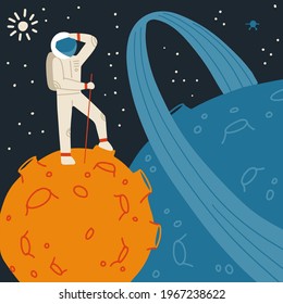 Red Planet with astronaut. Space tourism concept. Vector flat hand drawn illustration.