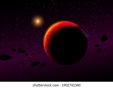 Red planet in clouds of dust and its far sun against the starfield, realistic vector illustration
