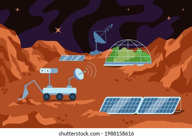 Base espacial humana de colonización del planeta rojo. Estación de ciencias en el paisaje y edificio de cúpulas de Marte, montañas y estrellas en el cielo. Estación en galaxia en el universo. Los colonizadores exploran la exploración del suelo en el exoplaneta
