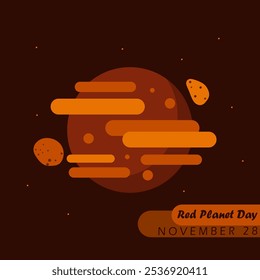 Día del Planeta Rojo para celebrar el 28 de noviembre. Ilustración del planeta rojo o Marte con sus lunas Fobos y Deimos sobre fondo marrón oscuro. Anuncio del evento de Ciencia.