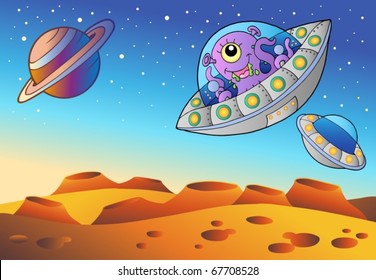 Red planet with flying saucers - vector illustration.