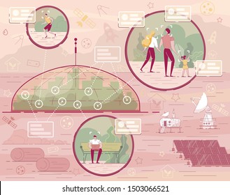 Red Planet Landscape with Cosmic Base Colony. City Building under Dome Vector Illustration. People Life at New Planet Exploration. Mars Expedition. Futuristic Technology Colonization Terraforming