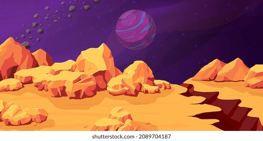 Red planet landscape. Mars panorama, martian background with asteroid and planets on sky. Cartoon space fantasy, yellow stones, recent vector illustration