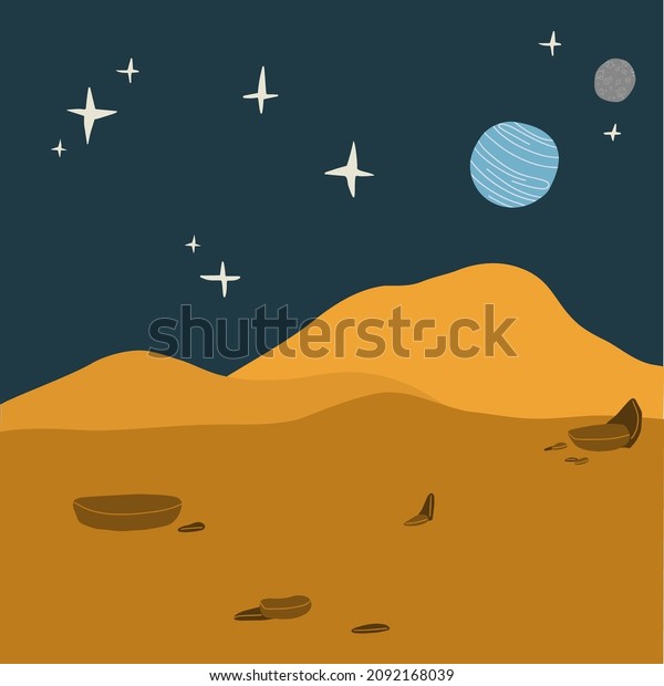 Red planet landscape. Mars vector cartoon fantasy\
illustration of planer surface with rocks, other planets in the sky\
and stars.