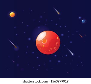 Red planet, Mars, against the backdrop of the sun and the earth, meteor shower, against the backdrop of outer space