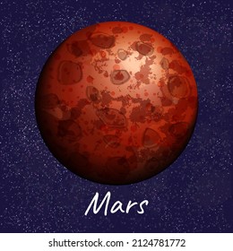 Red planet Mars with craters on dark blue space background. Vector realistic illustration of cosmic object from solar system, with caption