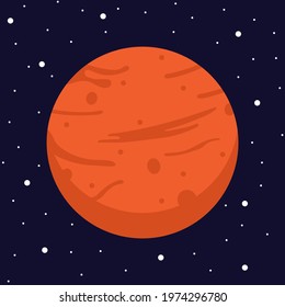 Red Planet Mars in Dark Space. Vector, Cartoon Illustration of the Planet Mars