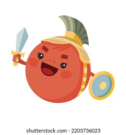 the red planet mars is dressed in a roman helmet with a sword and with a shield in his hands, cartoon illustration, isolated object on a white background, vector, eps