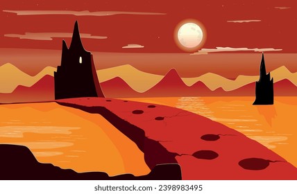 Red Planet. Mars. Fantastic Martian landscape Black rocks. Dangerous bridge. Alien night., Yellow Lake. Risky path. Rad bridge. Mystery view. Vector illustration.