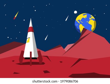Red Planet Mars Landscape. Alien planet surface with craters, mountains and landed rocket. Space sky with Earth in the distance. Cartoon vector illustration.