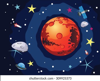 Red planet Mars in the space with stars and shuttles.