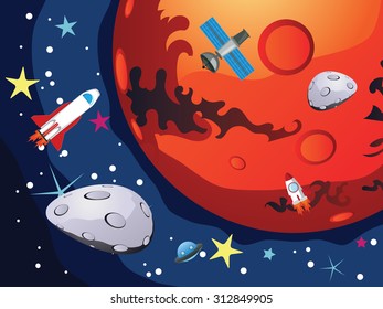 Red planet Mars in the space with stars and shuttles.