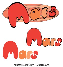 Red planet Mars in the space with stars and shuttles. Hand drawn illustration.