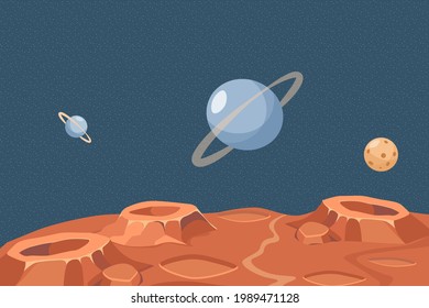 Red planet or moon surface vector flat illustration. Outer space with Saturn, Neptune, planets, and stars. Space exploring, scientific researches, and planets colonization mission concept.