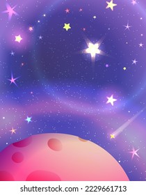 Red planet in outer space with stars in sky. Fantastic and Futuristic empty wallpaper landscape, imaginary planet and colorful universe. Vector cartoon illustration for kids storytelling.