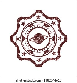Red planet, saturn icon inside distress rubber seal